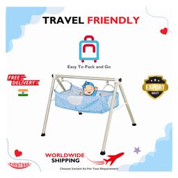 tiny tyke TinyTyke-Manual Baby Cradle Round Pipe - Fully Foldable | Square Hammock with Mattress | Blue image 5