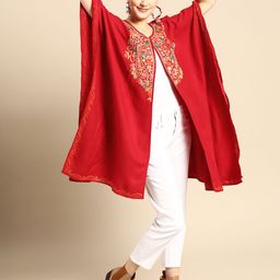 Sangria Women Red Kashmiri Embroidered Front Open Longline Sweater-1