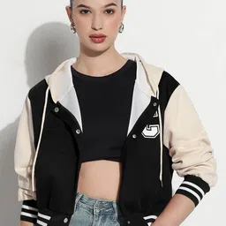 SHOWOFF Women Hooded Colourblocked Casual Varsity Jacket-image-67