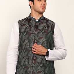 House of Pataudi Woven Design Mandarin Collar Nehru Jacket-image-73
