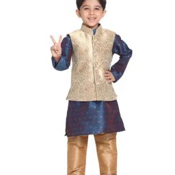 VASTRAMAY Kids Gold & Persian Blue Kurta Set-image-20