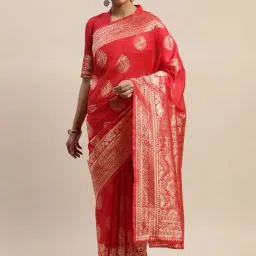Ladusaa Coral Red Lichi Silk Floral Saree with Bouse-picture-14