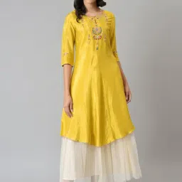 W Mellow Yellow Embroidered A Line Kurta-image-51