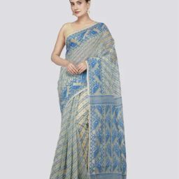 Pinkloom Beige & Blue Cotton Woven Saree-image-33