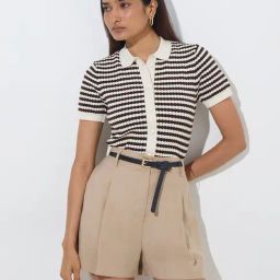 Wardrobe by Westside Dark Brown Striped Knit-Textured Cotton Top-picture-17