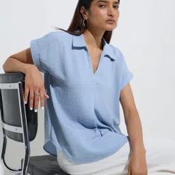 Wardrobe by Westside Dusty Blue Crinkle-Textured Top-image-94