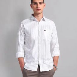 AD by Arvind Grey & White Slim Fit Striped Shirt-image-37