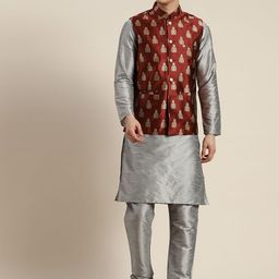 SOJANYA Mandarin Collar Regular Kurta With Churidar & With Nehru Jacket-picture-16