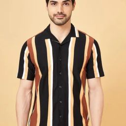 People By Pantaloons Leather Brown Cotton Slim Fit Striped Shirt-image-97