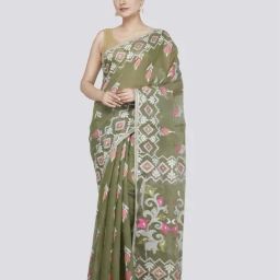 Pinkloom Green Cotton Woven Saree-image-28