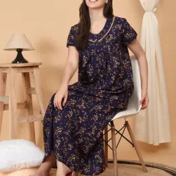 Sweet Dreams Navy Cotton Floral Short sleeve Night Dress-image-58
