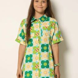 VERO MODA GIRL Green & Cream Cotton Floral Print Shirt Dress-image-58