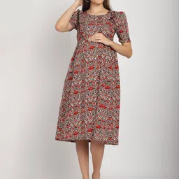 BAESD Floral Print Puff Sleeve Crepe Maternity Fit & Flare Midi Dress-picture-3