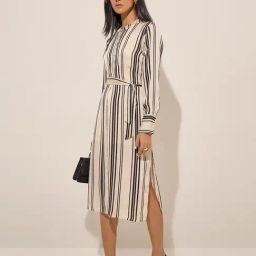 Wardrobe by Westside Ivory Striped A-Line Dress with Belt-image-49