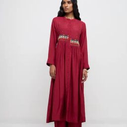 Zuba by Westside Red Floral Embroidered Fit-and-Flare Cotton Kurta-image-17