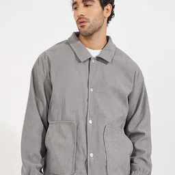 Styli Grey Self Design Spread Collar Snap Button Corduroy Weave Utility Tailored Jacket-image-38