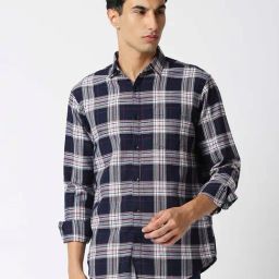 HJ HASASI Navy Slim Fit Check Cotton Shirt-image-87