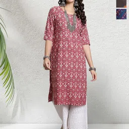 HERE&NOW Selection Of 3 Floral Printed Round Neck Straight Kurtas-image-41