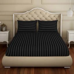 Spaces Black Cotton 210 TC King Fitted Bedsheet With Pillow Covers-image-95