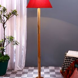 Devansh Red & Brown Cotton Conical Shade Wood Base Floor Lamps-6