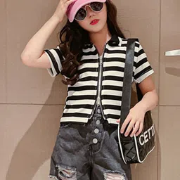 INCLUD Girls Striped V-Neck Extended Sleeves Pockets T-shirt-image-44