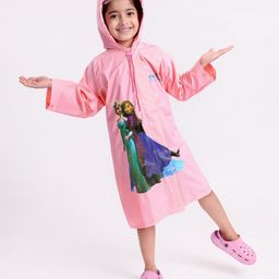 Babyhug PVC Full Sleeves Hooded Raincoat Disney Frozen Print - Pink-image-46