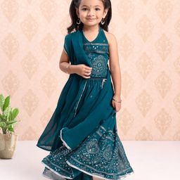 Babyhug Sleeveless Printed Choli & Lehenga Set With Dupatta - Blue-image-72