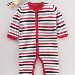 Yellow Apple Full Sleeves Cotton Rompers With Headband Stripes Print- Red-picture-23