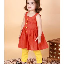 Vastramay Handloom Cotton Sleeveless Striped  Kurta & Pant - Red And Yellow-image-92