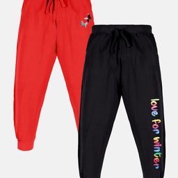Kiddopanti Pack Of 2 Butterfly & Typography Printed Track Pants - Red &  Black-image-59