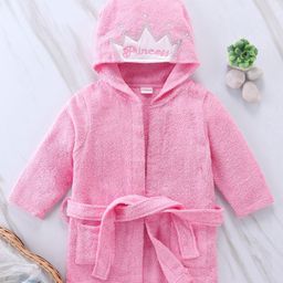 Babyhug Woven Terry Full Sleeves Hooded Bath Robe Princess Patch - Pink-image-56