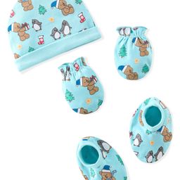 Babyhug 100% Cotton Knit Cap Mittens & Booties Set Teddy Print - Blue-image-11