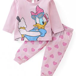 Babyhug Disney Cotton Knit Single Jersey Full Sleeves Night Suit With Donald Duck Graphics - Pink-image-48