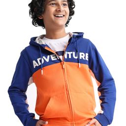 Pine Kids Cotton Knit Full Sleeves Hooded Sweatjacket With Cut & Sew Design & Text Print - Blue & Orange-picture-26