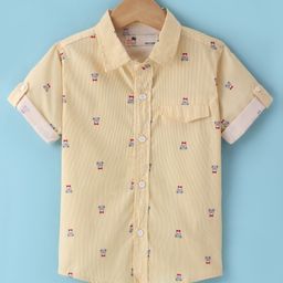 Dew Drops Poplin Knitted Half Sleeves Teddy Bear Printed Shirt - Yellow-image-48