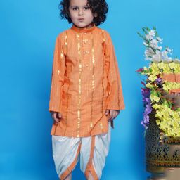 Little Bansi Full Sleeves Golden Striped Kurta & Dhoti Set - Orange-image-97