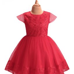 Pine Kids Woven Cap Sleeves Party Frock with Floral Embroidery - Red-image-61