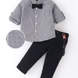 Mark & Mia Full Sleeves Checkered Shirt & Trouser Set with Bow & Suspender - Black & White-image-79