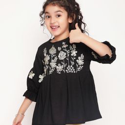 ISHTI Rayon Three Fourth Sleeves Floral Embroidered Top - Black-image-55