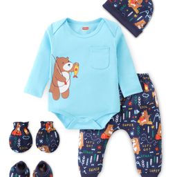 Babyhug 100% Cotton Knit Full Sleeves Onesies with Leggings & Cap Mitten Booties Bear Print - Blue-image-64