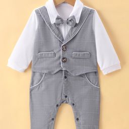 Mark & Mia Full Sleeves Solid Colour Party Romper with Attached Waist Coat & Bow - Grey & White-image-58