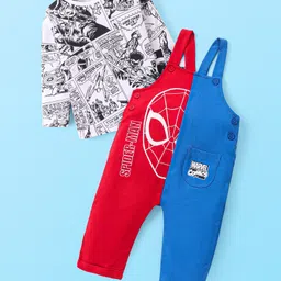 babyhug disney Babyhug Marvel Cotton Knit Full Sleeves Spider Man Graphic T-Shirt & Full Length Cut & Sew Dungaree Set - Red & Navy Blue-picture-9