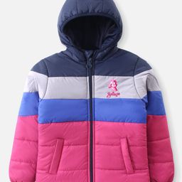 Pine Kids Woven Full Sleeves Front Open Padded Hooded Jacket With Colour Block Design & Butterfly Embroidery - Pink-picture-3