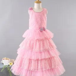 Enfance Sleeveless Checked Sequin Embellished Floral Applique Layered Dress - Pink-picture-22