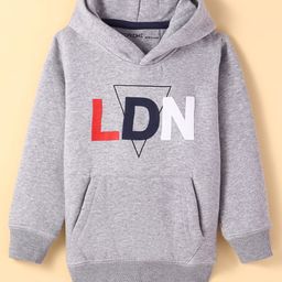Doreme Fleece Knit Full Sleeves Hooded Sweatshirt Text Print & Kangaroo Pockets - Grey-image-73