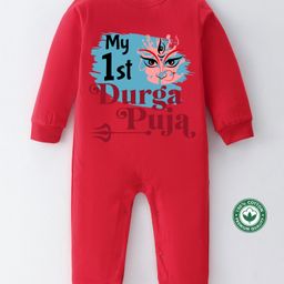 BLUSHES Durga Puja Theme 100% Cotton Full Sleeves My First Durga Puja Text Printed Romper - Red-picture-32