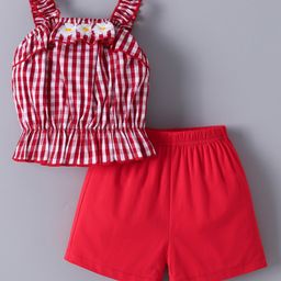 Mark & Mia Cotton Sleeveless Tops & Shorts Set with Checks - Red-image-3