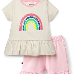 Bonfino Cotton Knit Half Sleeves T-Shirt & Shorts Set With Rainbow Embellishment & Frill- Ivory & Pink-image-36