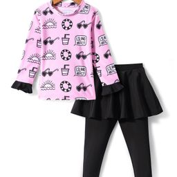 KIDLINGSS Full Sleeves Beach Theme Printed Top & Leggings With Attached Skirt - Light Pink-image-92
