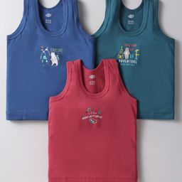 Zero Sinker Knit Sleeveless Set of Vests with Typography Print Pack of 3 - Blue Teal & Red-1